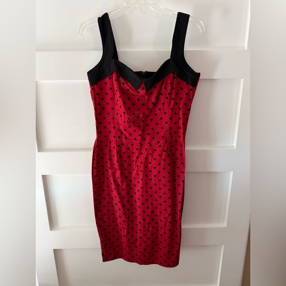 Switchblade Stiletto Red and Black Polka Dot Pencil Dress